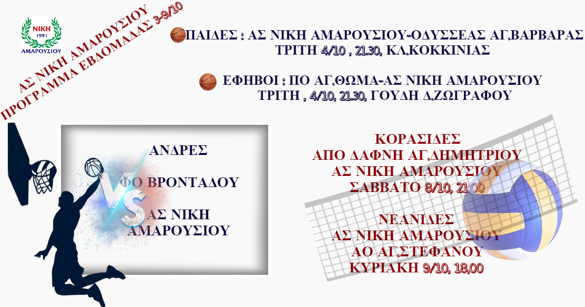 Αγωνιστικό πρόγραμμα εβδομάδας 3 – 9/10 για την ομάδα μας